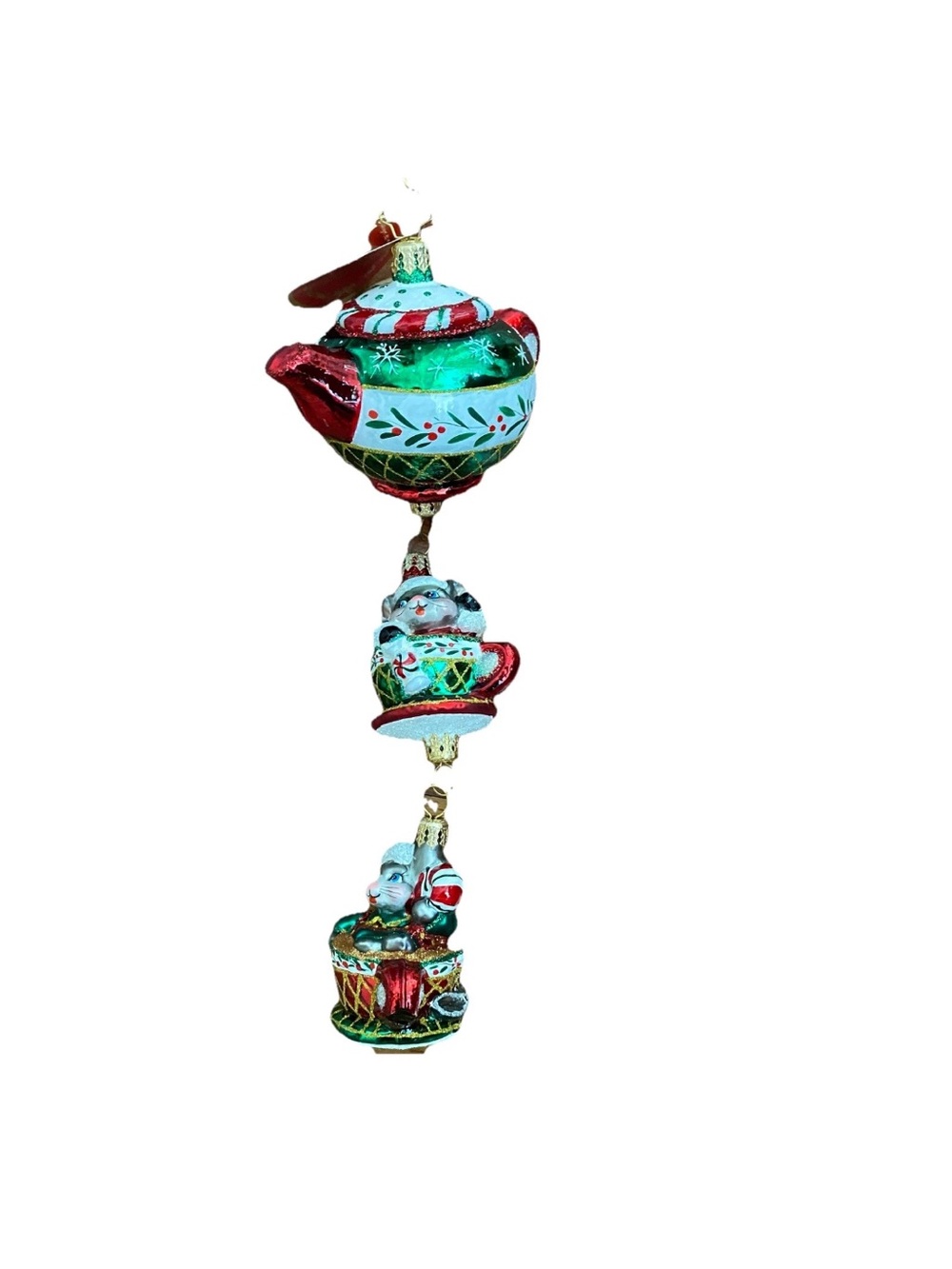 Christopher Radko Green and Red Tea Pot and Santa Stack Holiday Ornament